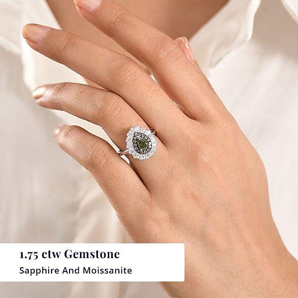 D'Joy Premium Green Sapphire, Moissanite Ring in Rhodium Over Sterling Silver (Size 10.0) 1.75 ctw