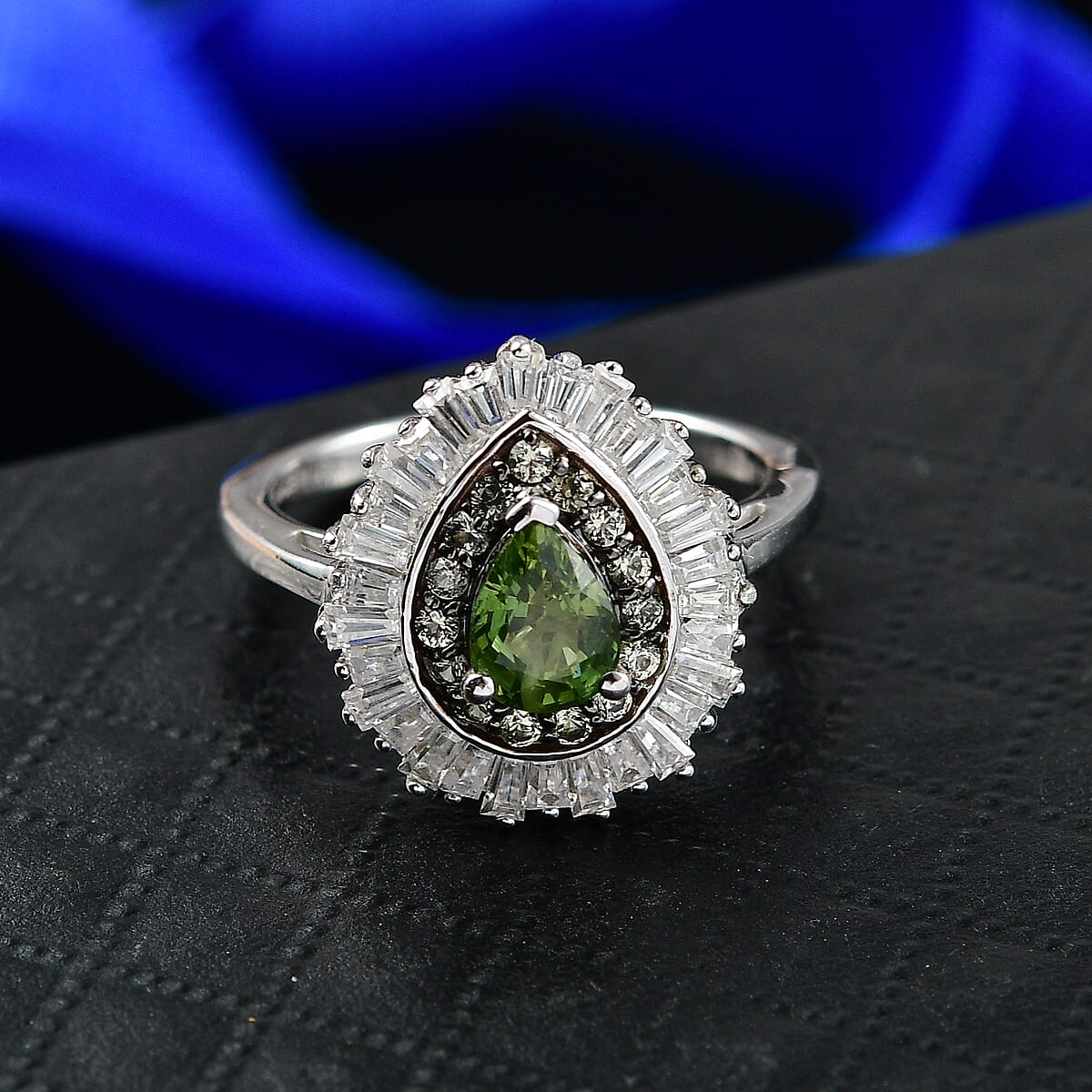 D'Joy Premium Green Sapphire and Moissanite 1.75 ctw Green Fire Drop Ring in Rhodium Over Sterling Silver (Size 7.0) image number 1