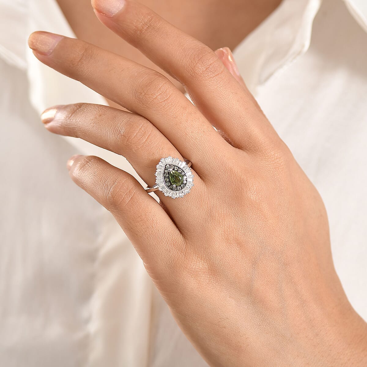 D'Joy Premium Green Sapphire and Moissanite 1.75 ctw Green Fire Drop Ring in Rhodium Over Sterling Silver (Size 7.0) image number 2