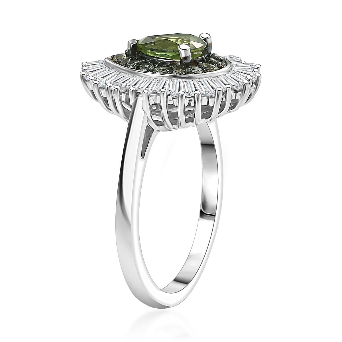 D'Joy Premium Green Sapphire and Moissanite 1.75 ctw Green Fire Drop Ring in Rhodium Over Sterling Silver (Size 7.0) image number 3