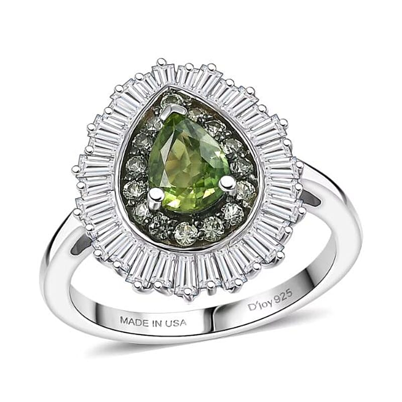 D'Joy Premium Milanoa Green Sapphire and Moissanite 2.00 ctw Green Fire Drop Ring in Rhodium Over Sterling Silver (Size 8.0)