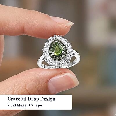 D'Joy Premium Milanoa Green Sapphire and Moissanite 2.00 ctw Green Fire Drop Ring in Rhodium Over Sterling Silver (Size 8.0)