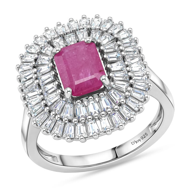 D'Joy AAA Royal Ruby and Moissanite 3.85 ctw Ring in Rhodium Over Sterling Silver (Size 7.0)