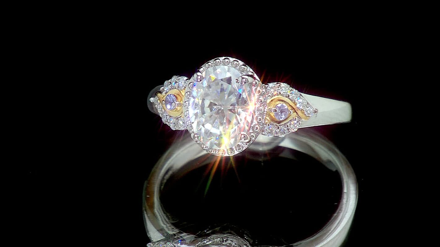 EverTrue Moissanite (Ovl 8x6mm), Tanzanite Ring in 18K YG Plated and Platinum Bond (Size 10.0) 1.50 ctw