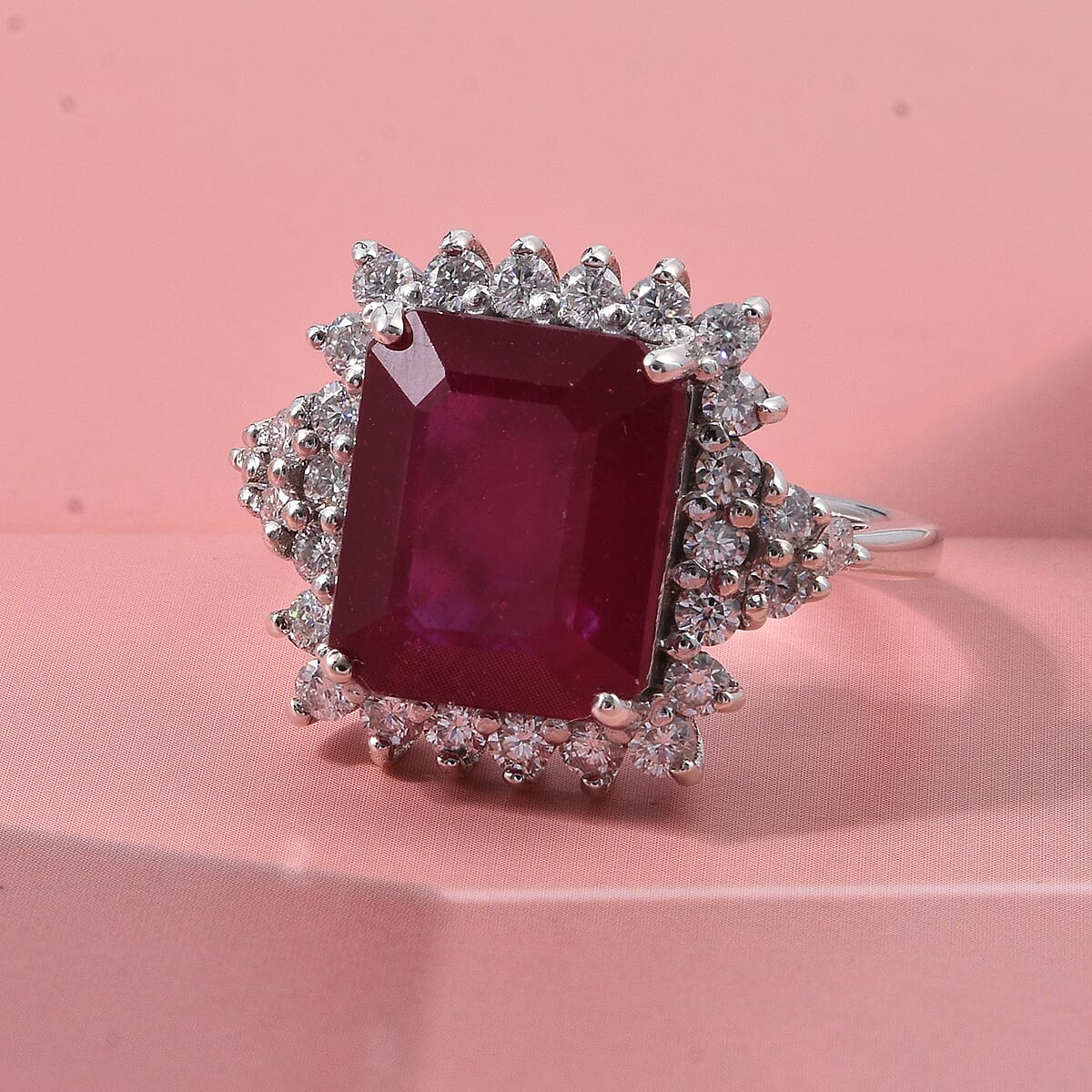 D'Joy Premium Niassa Ruby (FF) and Moissanite 8.65 ctw Crown Blaze Ring in Rhodium Over Sterling Silver (Size 10.0) image number 1