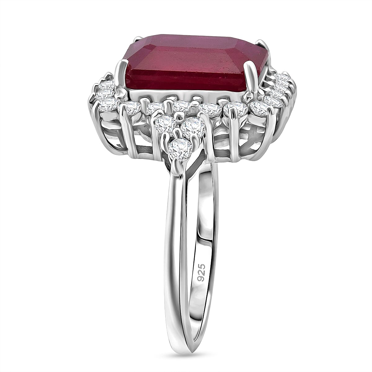 D'Joy Premium Niassa Ruby (FF) and Moissanite 8.65 ctw Crown Blaze Ring in Rhodium Over Sterling Silver (Size 10.0)