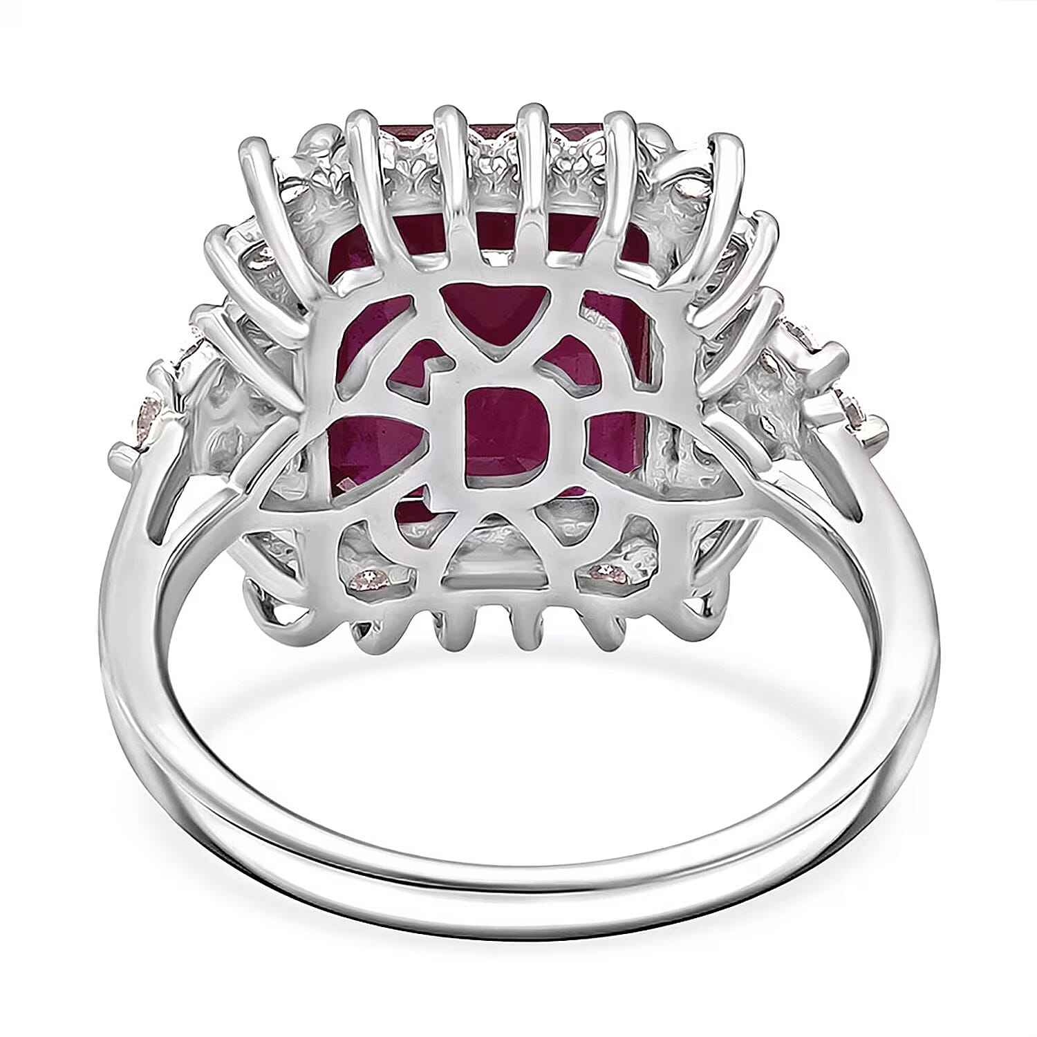D'Joy Premium Niassa Ruby (FF) and Moissanite 8.65 ctw Crown Blaze Ring in Rhodium Over Sterling Silver (Size 10.0)