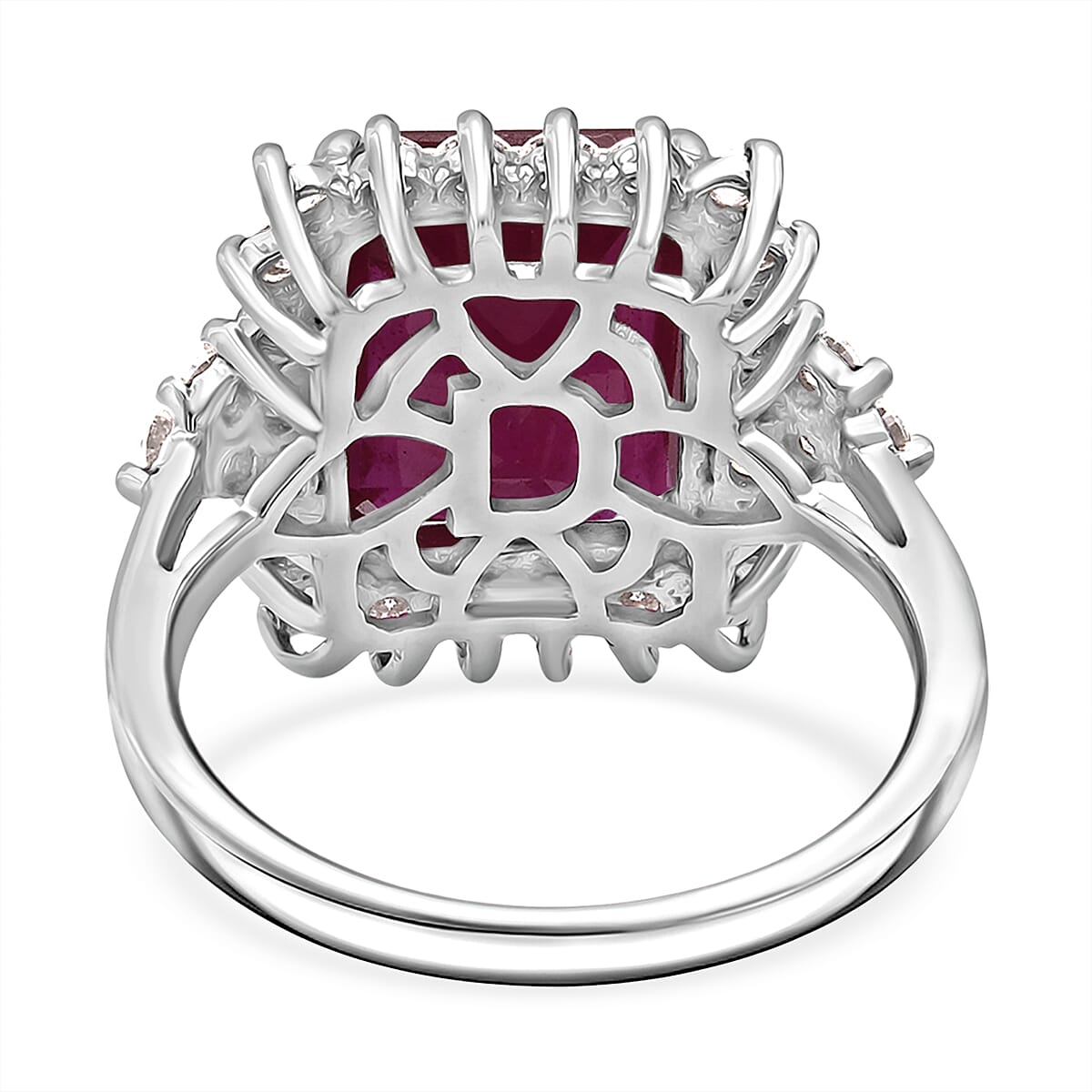 D'Joy Premium Niassa Ruby (FF) and Moissanite 8.65 ctw Crown Blaze Ring in Rhodium Over Sterling Silver (Size 6.0) image number 4
