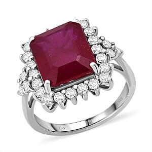D'Joy Premium Niassa Ruby (FF) and Moissanite 8.65 ctw Crown Blaze Ring in Rhodium Over Sterling Silver (Size 7.0)