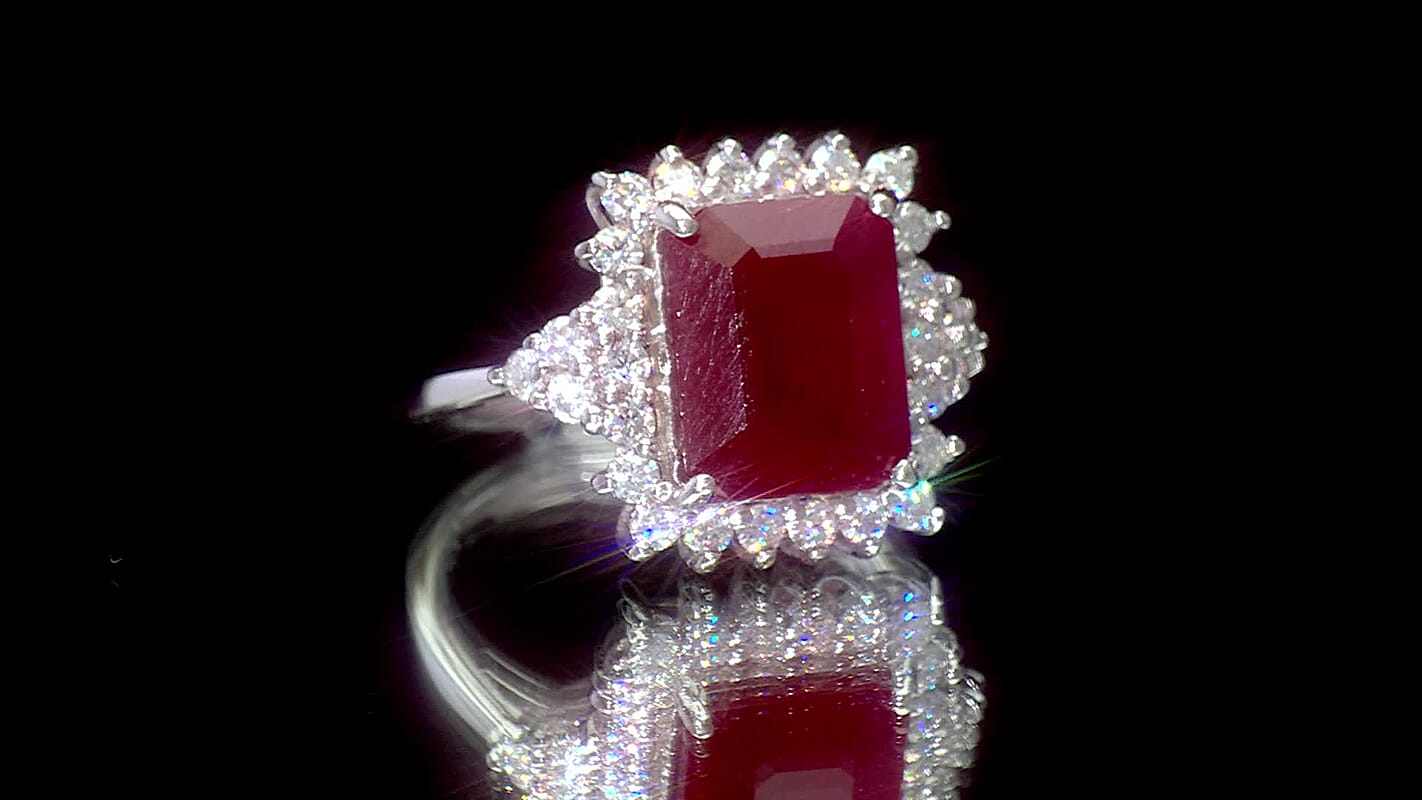 D'Joy Premium Niassa Ruby (FF), Moissanite Crown Blaze Ring in Rhodium Over Sterling Silver (Size 10.0) 8.65 ctw