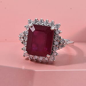 D'Joy Premium Niassa Ruby (FF) and Moissanite 8.65 ctw Crown Blaze Ring in Rhodium Over Sterling Silver (Size 8.0)