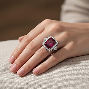 D'Joy Premium Niassa Ruby (FF) and Moissanite 8.65 ctw Crown Blaze Ring in Rhodium Over Sterling Silver (Size 8.0)