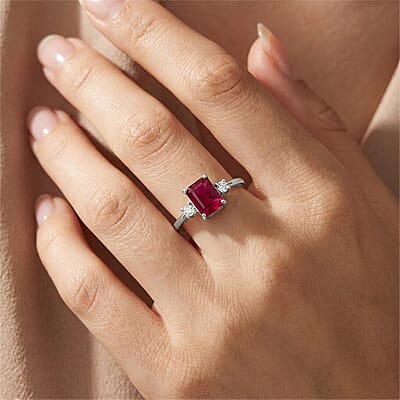 Premium Niassa Ruby (FF) and Luxuriant Lab Grown Diamond G-H SI 1.70 ctw Promise Ring in Rhodium Over Sterling Silver (Size 8.0)