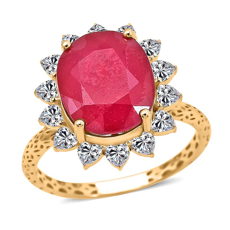 Mirage Collection AAA Niassa Ruby and Moissanite 7.90 ctw Ring in 10K Yellow Gold (Size 10.0)