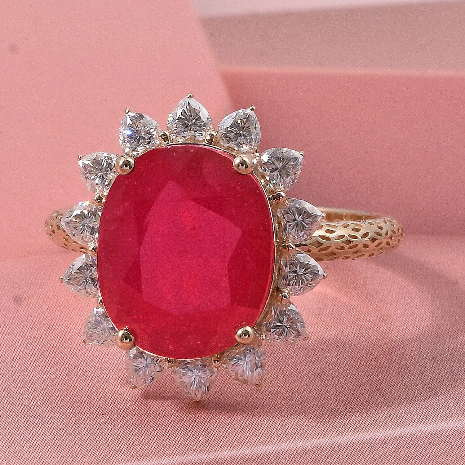 Mirage Collection AAA Niassa Ruby and Moissanite 7.90 ctw Ring in 10K Yellow Gold (Size 10.0)