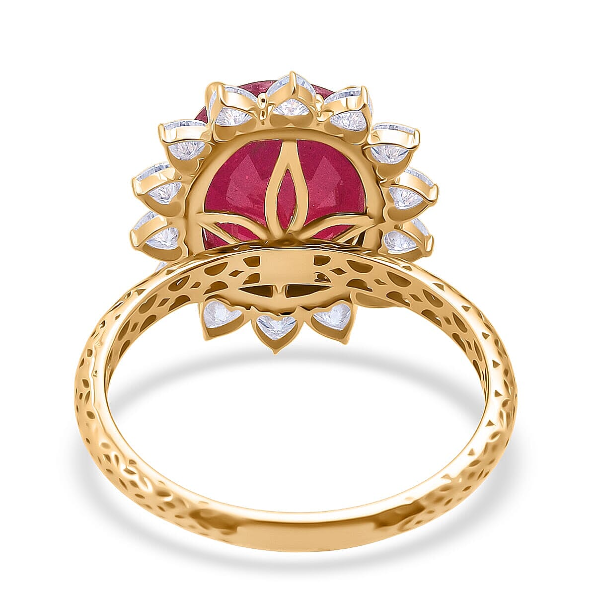 Mirage Collection AAA Niassa Ruby and Moissanite 7.90 ctw Ring in 10K Yellow Gold (Size 10.0)