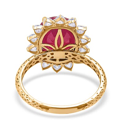 Mirage Collection AAA Niassa Ruby and Moissanite 7.90 ctw Ring in 10K Yellow Gold (Size 10.0)