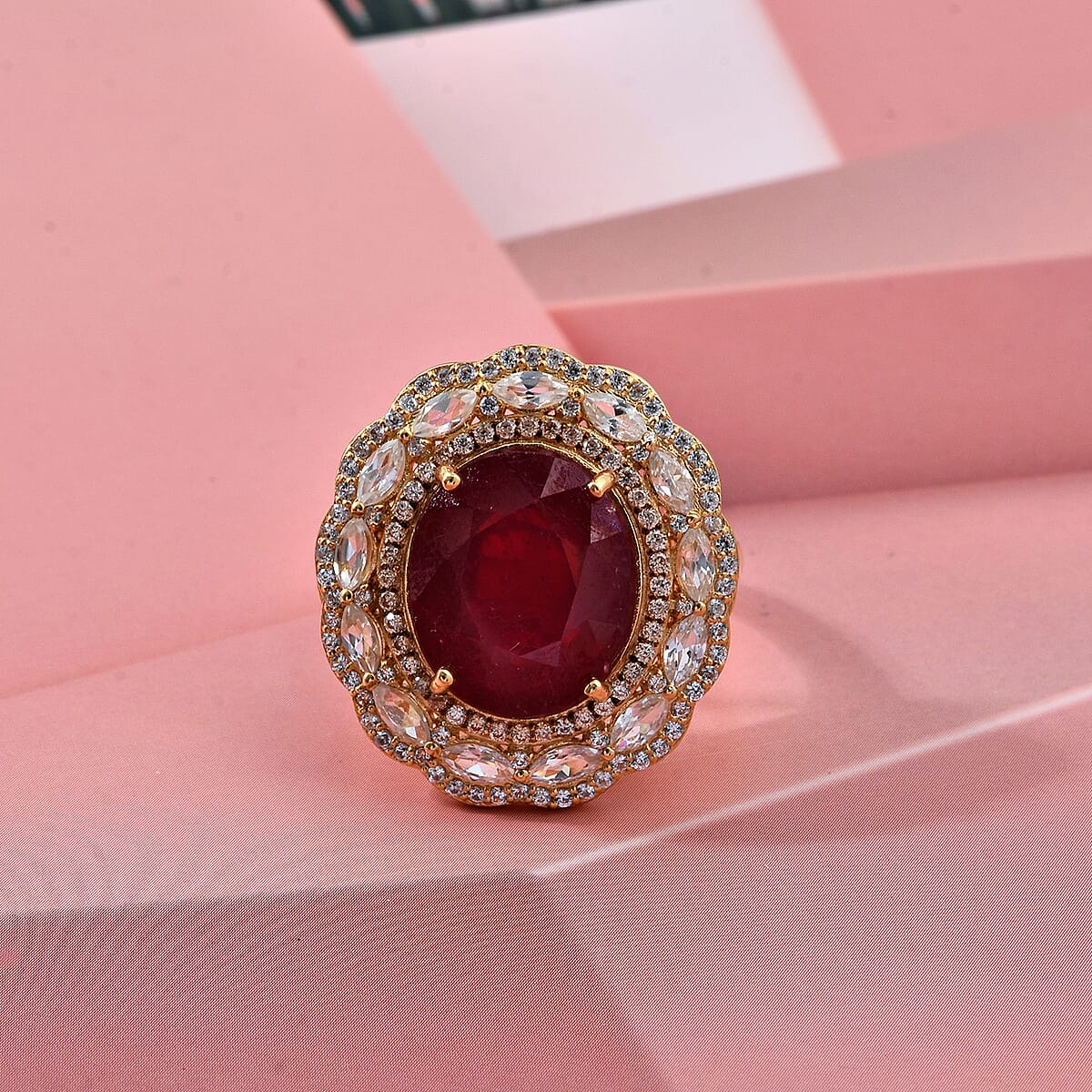 D'Joy Premium Niassa Ruby (FF), Champagne Zircon and White Zircon 15.15 ctw Regal Bloom Ring in 18K Vermeil Yellow Gold Over Sterling Silver (Size 10.0) image number 1