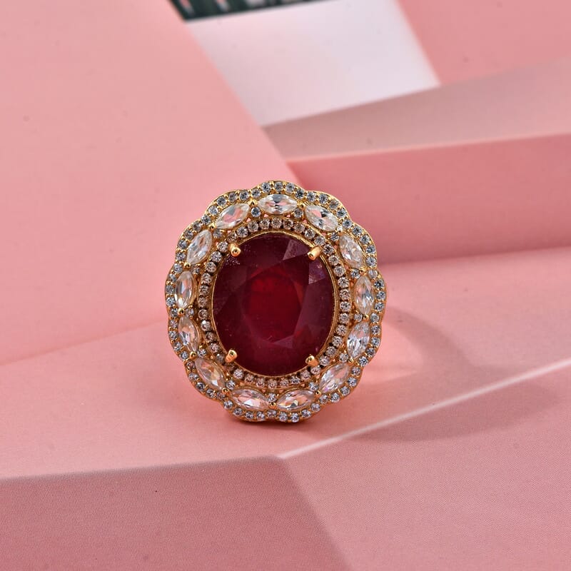 D'Joy Premium Niassa Ruby (FF), Champagne Zircon and White Zircon 15.15 ctw Regal Bloom Ring in 18K Vermeil Yellow Gold Over Sterling Silver (Size 7.0)