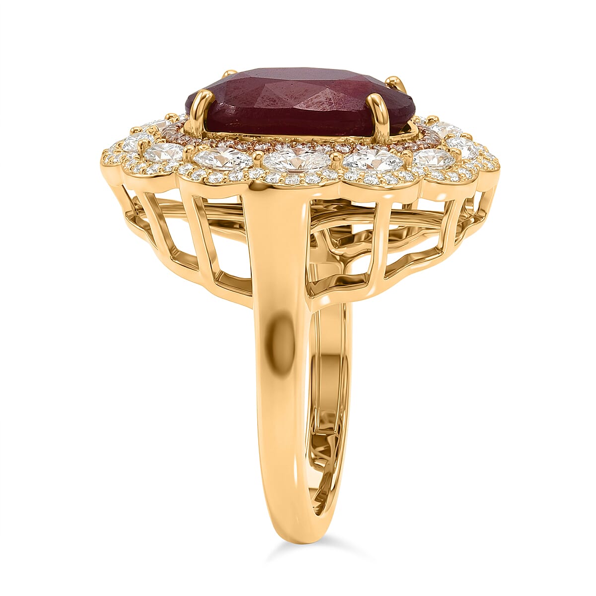 D'Joy Premium Niassa Ruby (FF), Champagne Zircon and White Zircon 15.15 ctw Regal Bloom Ring in 18K Vermeil Yellow Gold Over Sterling Silver (Size 7.0) image number 3