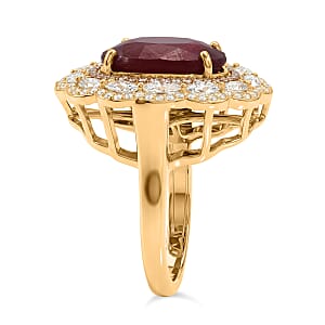 D'Joy Premium Niassa Ruby (FF), Champagne Zircon and White Zircon 15.15 ctw Regal Bloom Ring in 18K Vermeil Yellow Gold Over Sterling Silver (Size 7.0)