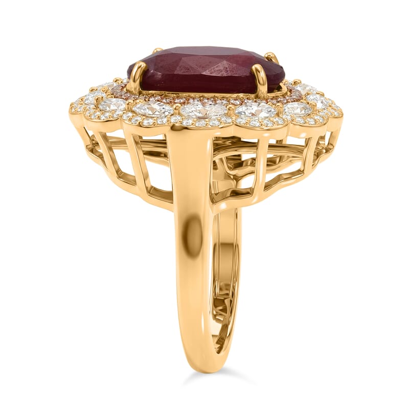 D'Joy Premium Niassa Ruby (FF), Champagne Zircon and White Zircon 15.15 ctw Regal Bloom Ring in 18K Vermeil Yellow Gold Over Sterling Silver (Size 7.0)