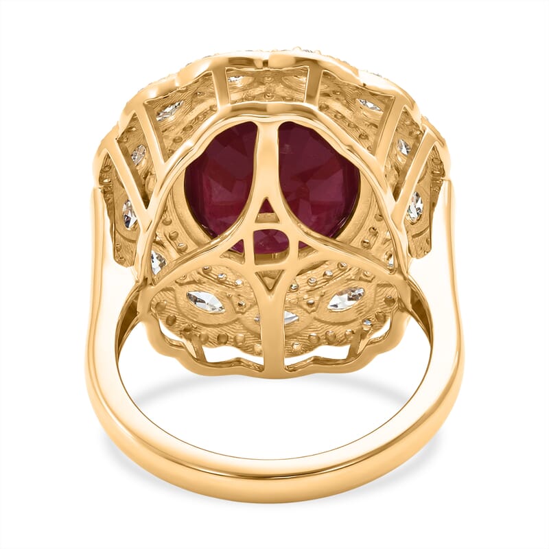 D'Joy Premium Niassa Ruby (FF), Champagne Zircon and White Zircon 15.15 ctw Regal Bloom Ring in 18K Vermeil Yellow Gold Over Sterling Silver (Size 7.0)