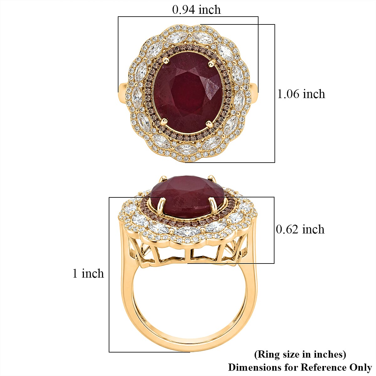 D'Joy Premium Niassa Ruby (FF), Champagne Zircon and White Zircon 15.15 ctw Regal Bloom Ring in 18K Vermeil Yellow Gold Over Sterling Silver (Size 7.0) image number 5