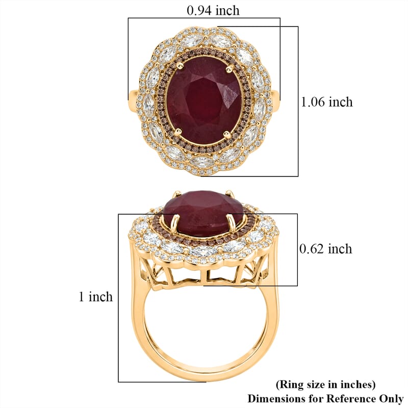 D'Joy Premium Niassa Ruby (FF), Champagne Zircon and White Zircon 15.15 ctw Regal Bloom Ring in 18K Vermeil Yellow Gold Over Sterling Silver (Size 7.0)