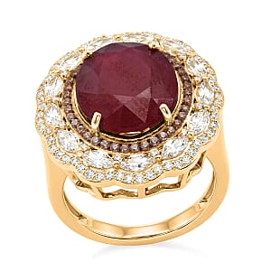 D'Joy Premium Niassa Ruby (FF), Champagne Zircon and White Zircon 15.15 ctw Regal Bloom Ring in 18K Vermeil Yellow Gold Over Sterling Silver (Size 8.0)