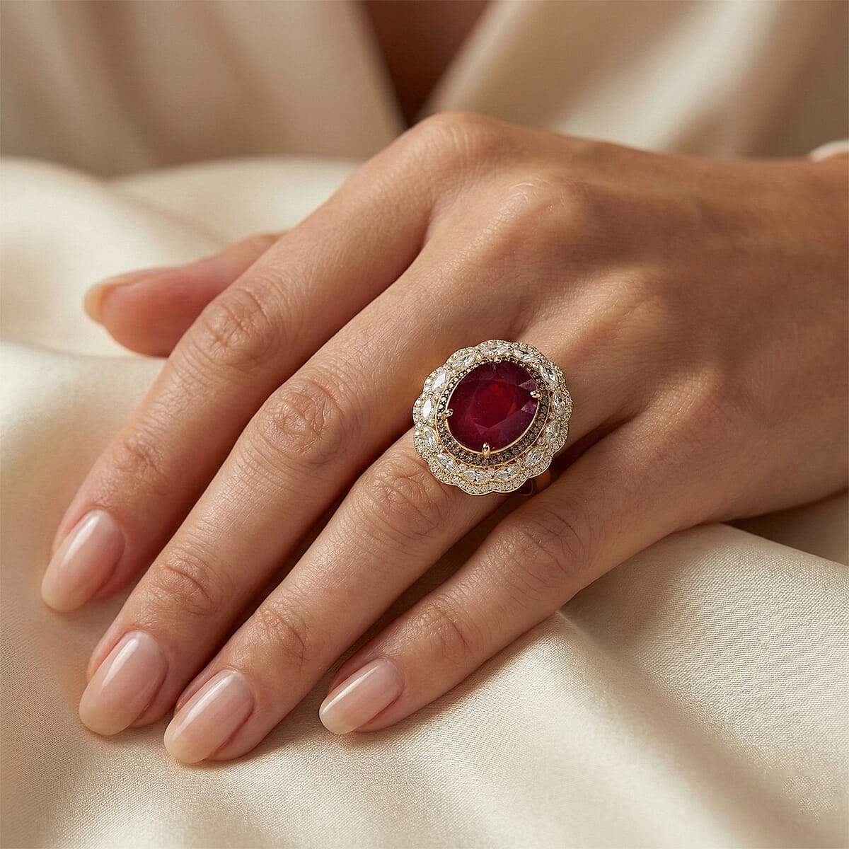 D'Joy Premium Niassa Ruby (FF), Champagne Zircon and White Zircon 15.15 ctw Regal Bloom Ring in 18K Vermeil Yellow Gold Over Sterling Silver (Size 8.0) image number 2