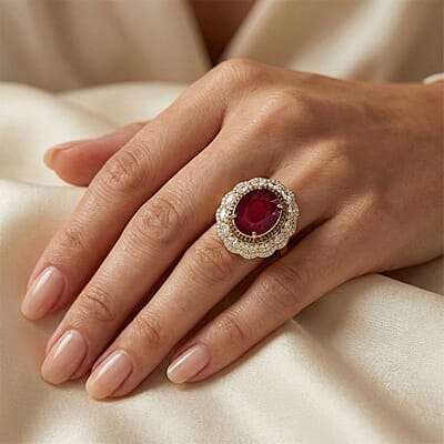 D'Joy Premium Niassa Ruby (FF), Champagne Zircon and White Zircon 15.15 ctw Regal Bloom Ring in 18K Vermeil Yellow Gold Over Sterling Silver (Size 8.0)