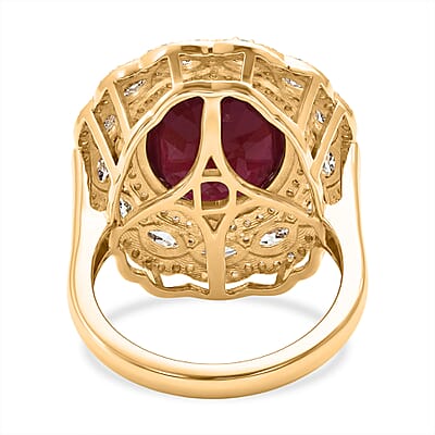 D'Joy Premium Niassa Ruby (FF), Champagne Zircon and White Zircon 15.15 ctw Regal Bloom Ring in 18K Vermeil Yellow Gold Over Sterling Silver (Size 8.0)