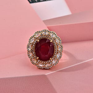 D'Joy Premium Niassa Ruby (FF), Champagne Zircon and White Zircon 15.15 ctw Regal Bloom Ring in 18K Vermeil Yellow Gold Over Sterling Silver (Size 9.0)
