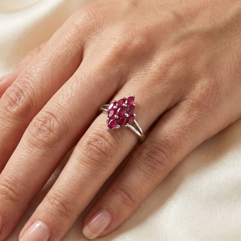 D'Joy Premium Niassa Ruby (FF) 1.90 ctw Flame Ring in Rhodium Over Sterling Silver (Size 10.0)