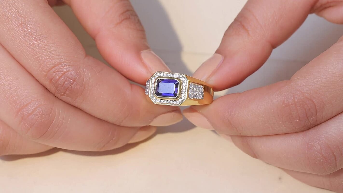 D'Joy Premium Catalina Iolite, Moissanite Ring in 18K Vermeil YG Over Sterling Silver (Size 10.0) 1.80 ctw