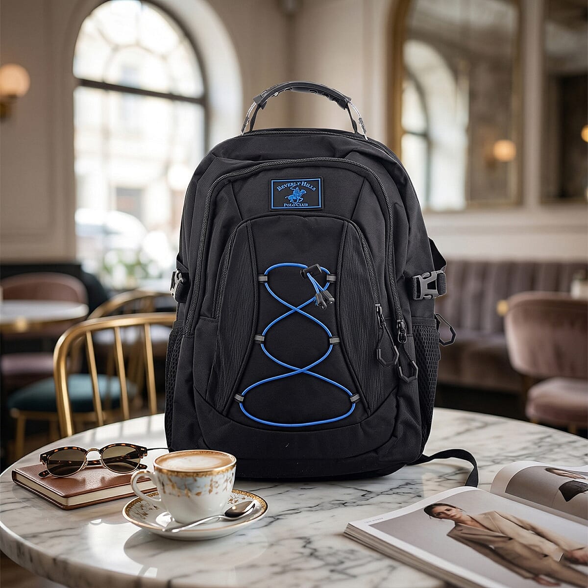 Closeout Beverly Hills Polo Club Black and Blue Multi Compartment Backpack (12.25x18.25x5) image number 1