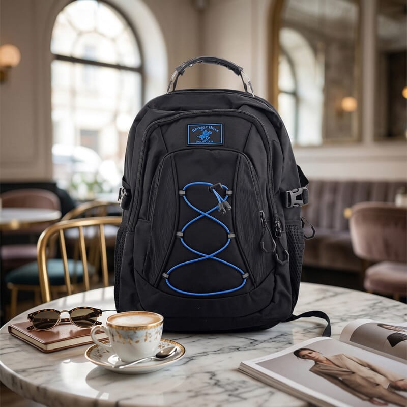 Closeout Beverly Hills Polo Club Black and Blue Multi Compartment Backpack (12.25x18.25x5)