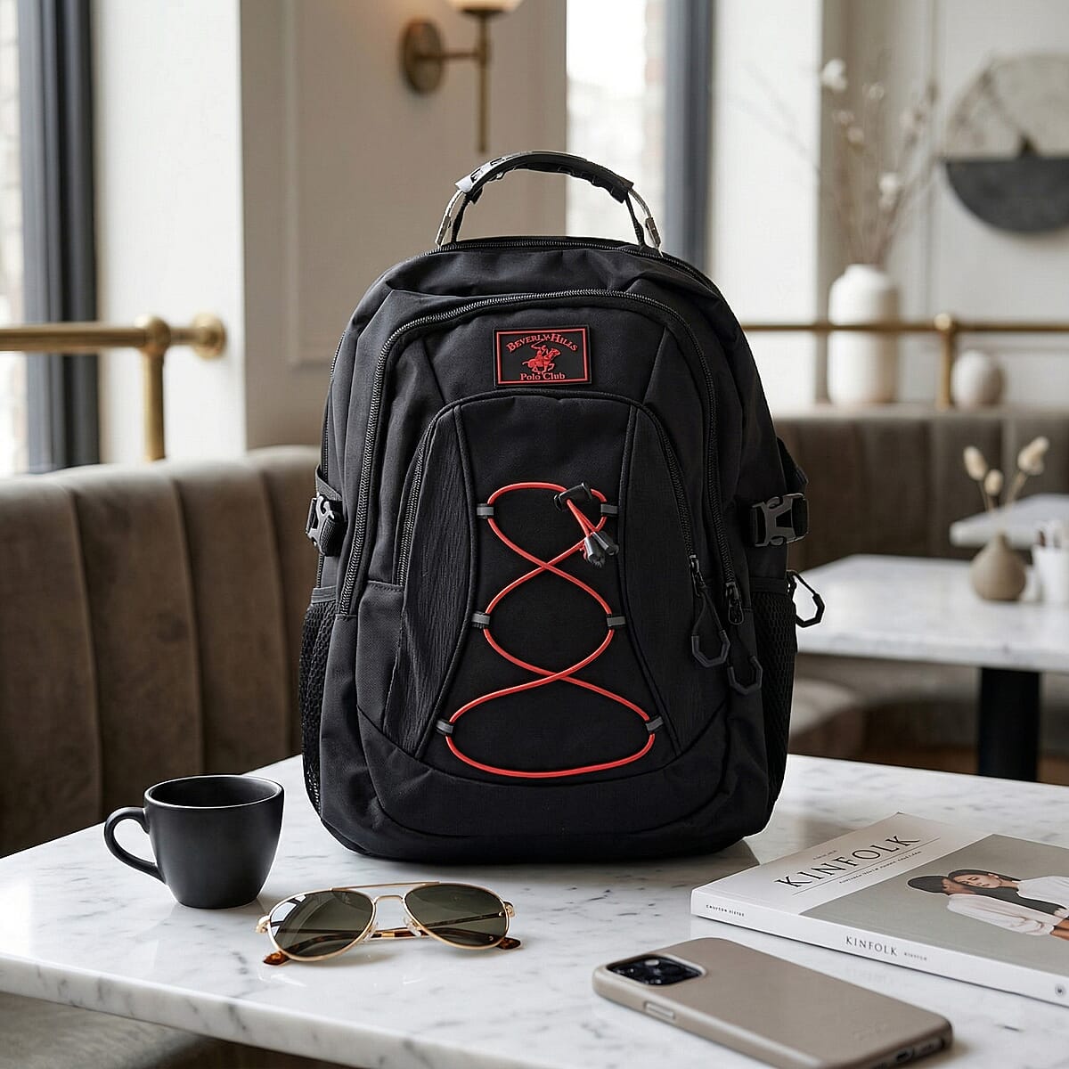 Closeout Beverly Hills Polo Club Black and Red Multi Compartment Backpack (12.25x18.25x5) image number 1