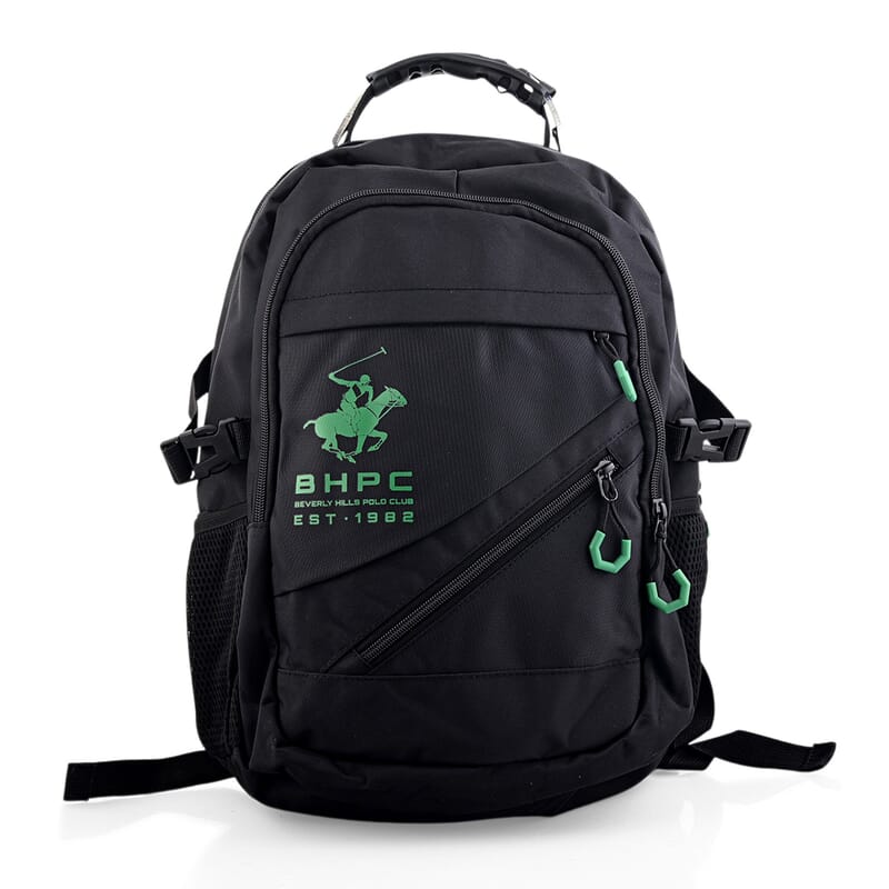 Closeout Beverly Hills Polo Club Black and Green Multi Compartment Backpack (12.25x18.25x5)