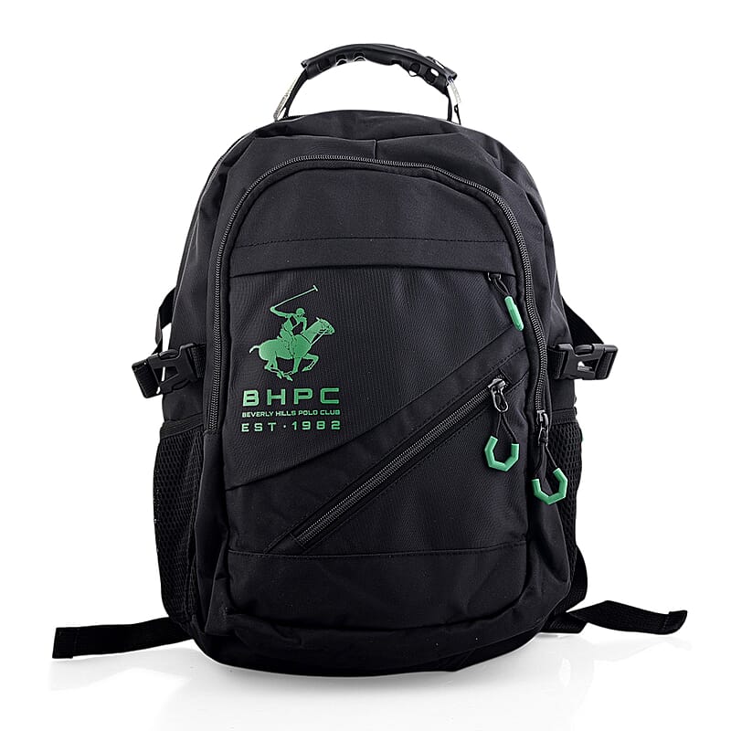 Closeout Beverly Hills Polo Club Black and Green Multi Compartment Backpack (12.25x18.25x5)