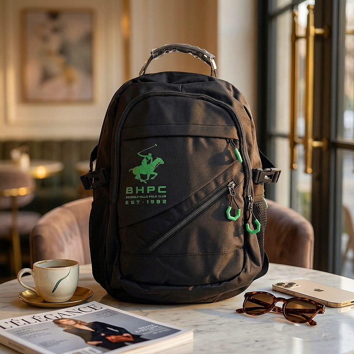 Closeout Beverly Hills Polo Club Black and Green Multi Compartment Backpack (12.25x18.25x5) image number 1