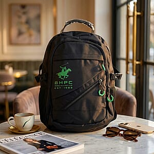 Closeout Beverly Hills Polo Club Black and Green Multi Compartment Backpack (12.25x18.25x5)