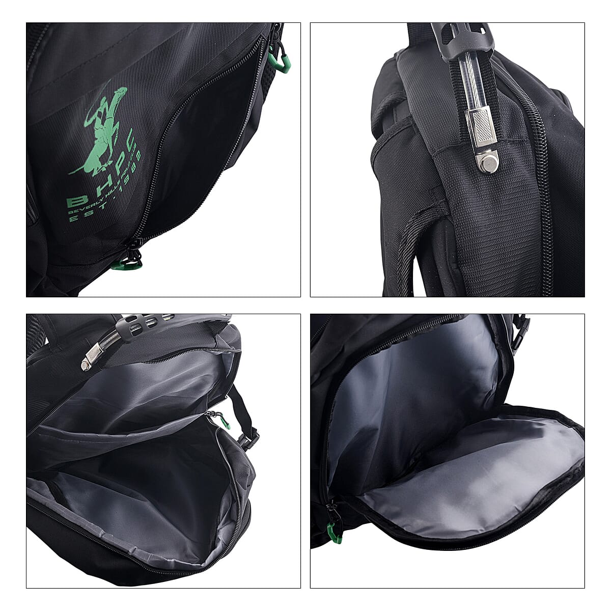 Closeout Beverly Hills Polo Club Black and Green Multi Compartment Backpack (12.25x18.25x5) image number 4