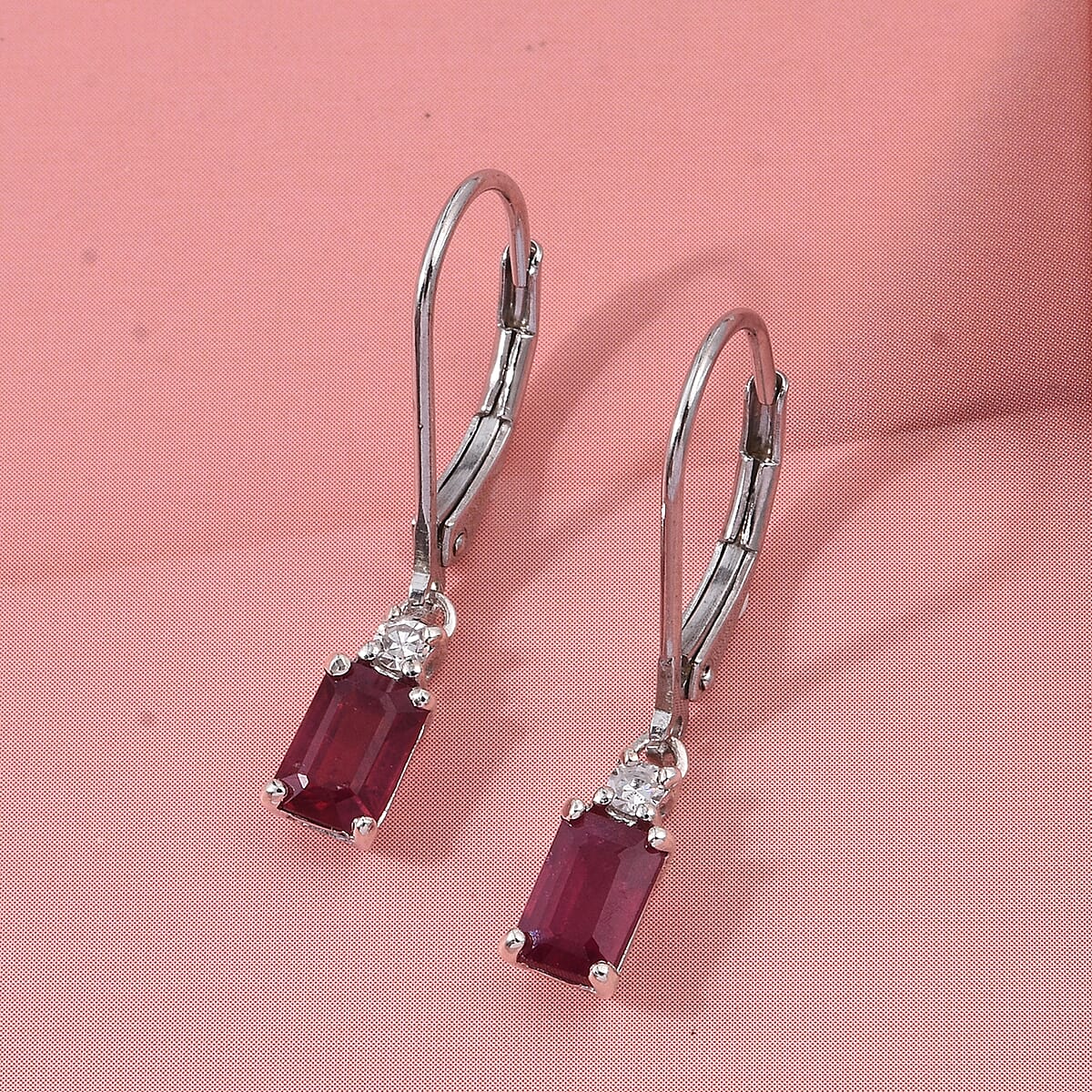 Premium Niassa Ruby (FF), Luxuriant Lab Grown Diamond (G-H, SI) Red Majesty Earrings in Rhodium Over Sterling Silver 1.80 ctw image number 1