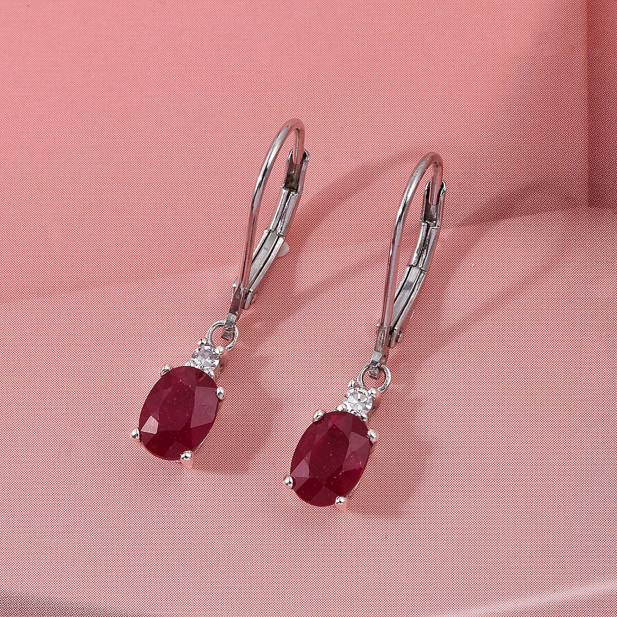 Premium Niassa Ruby (FF) and Luxuriant Lab Grown Diamond G-H SI 2.50 ctw Red Majesty Earrings in Rhodium Over Sterling Silver image number 1