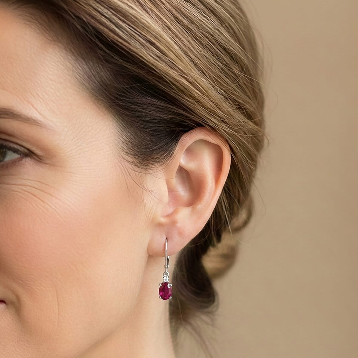 Premium Niassa Ruby (FF) and Luxuriant Lab Grown Diamond G-H SI 2.50 ctw Red Majesty Earrings in Rhodium Over Sterling Silver image number 2