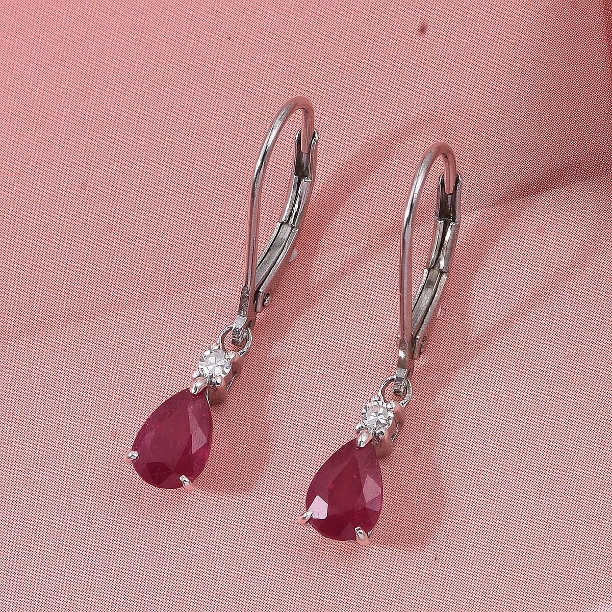Premium Niassa Ruby (FF) and Luxuriant Lab Grown Diamond G-H SI 2.00 ctw Red Majesty Earrings in Rhodium Over Sterling Silver image number 1