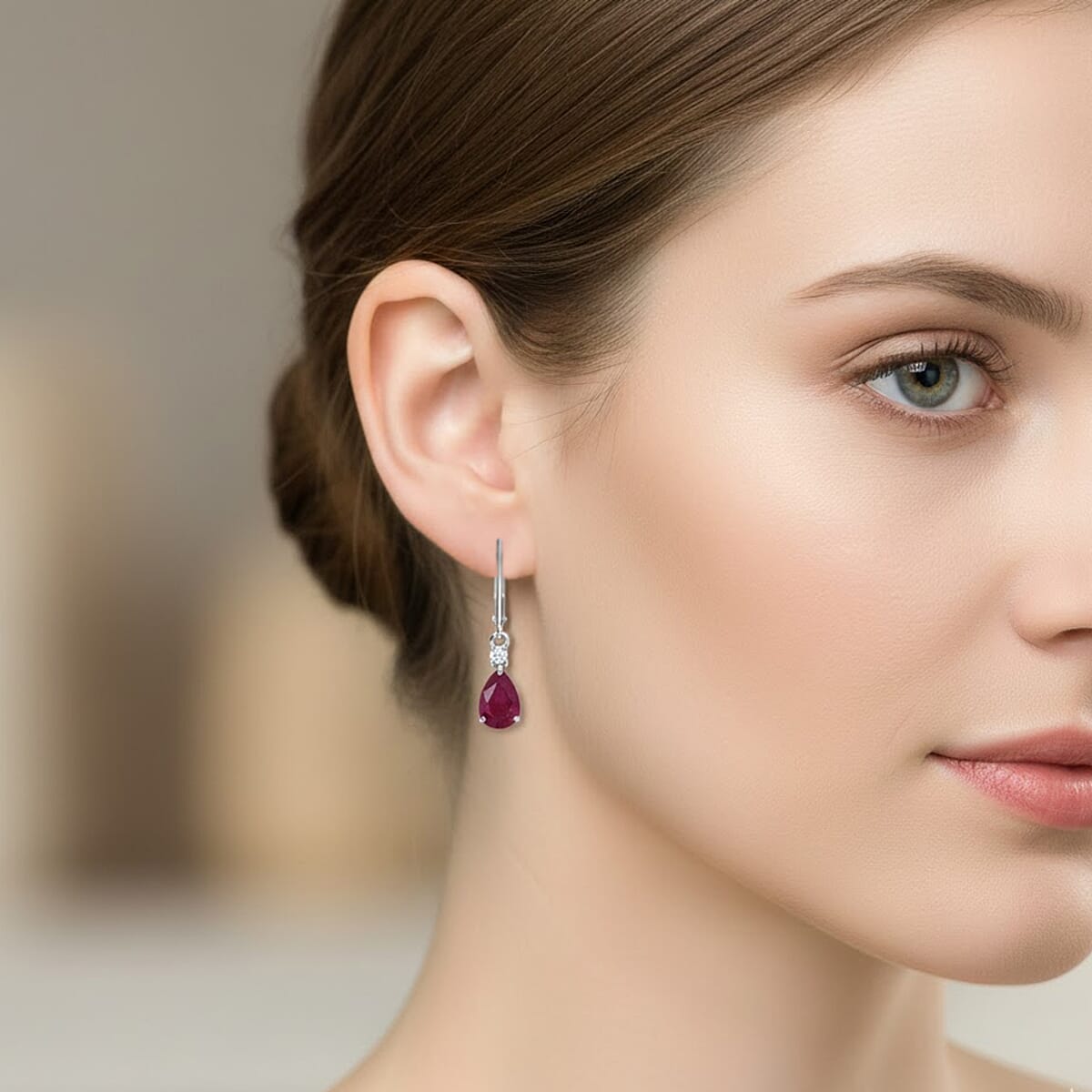 Premium Niassa Ruby (FF) and Luxuriant Lab Grown Diamond G-H SI 2.00 ctw Red Majesty Earrings in Rhodium Over Sterling Silver image number 2