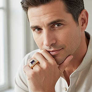 D'Joy Premium Catalina Iolite and Moissanite 1.80 ctw Men's Ring in 18K Vermeil Yellow Gold Over Sterling Silver (Size 14.0)